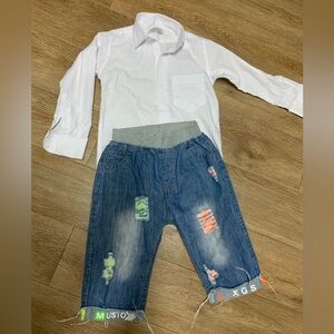 5t boys outfit set denim shorts and white long sleeves shirt